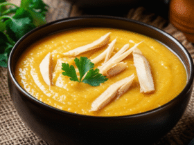 Caldo de Mandioquinha com Frango Cremoso