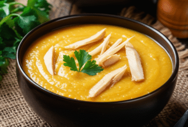 Caldo de Mandioquinha com Frango Cremoso