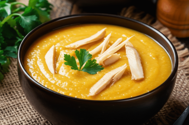 Caldo de Mandioquinha com Frango Cremoso