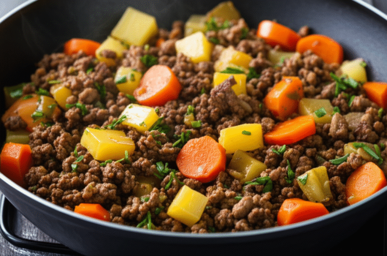 Carne Moída Refogada com Batatas e Cenouras