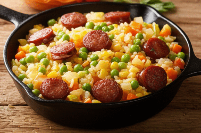 Receita Prática de Uma Panela Só: Arroz Completo com Linguiça e Legumes