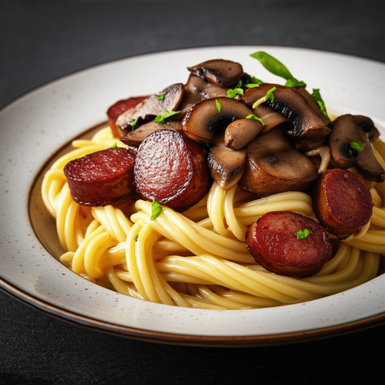 Macarronada Cremosa com Linguiça e Cogumelos: Uma Delícia Italiana 1 Macarronada Cremosa com Linguiça e Cogumelos: Uma Delícia Italiana