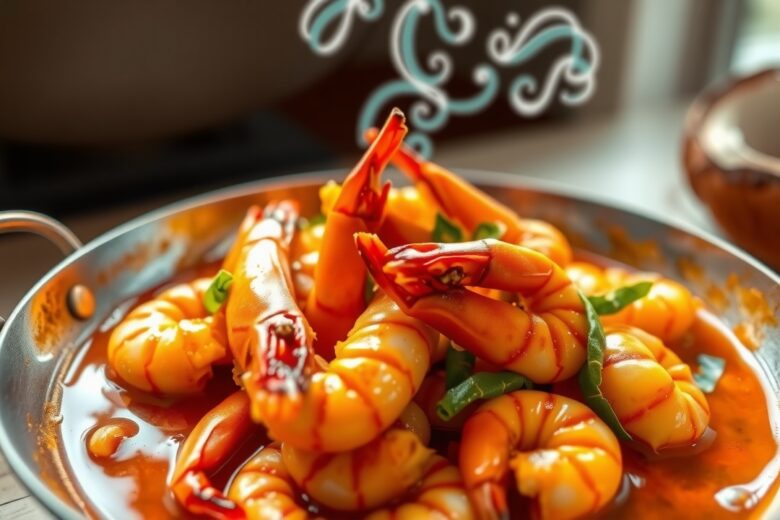 Camarões Gigantes da Malásia no Coco