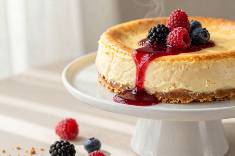 Cheesecake Clássico Assado com Calda de Frutas Vermelhas