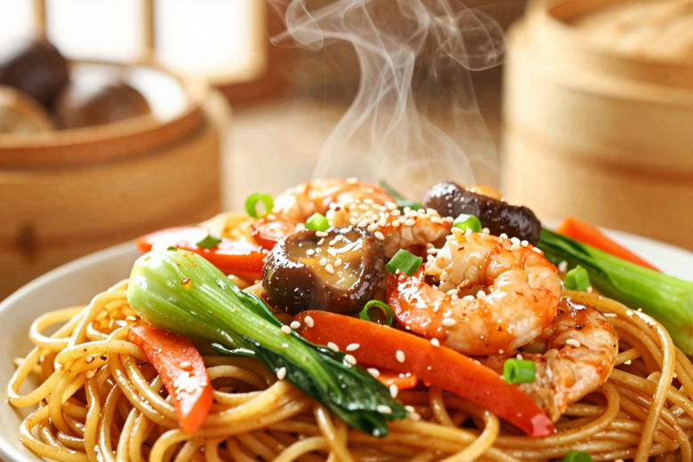 Chow Mein Clássico: Macarrão Chinês Salteado com Legumes e Proteína