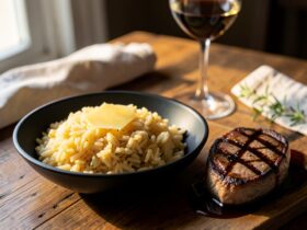 Arroz à Piemontese Cremoso com Bife ao Clássico Molho Madeira