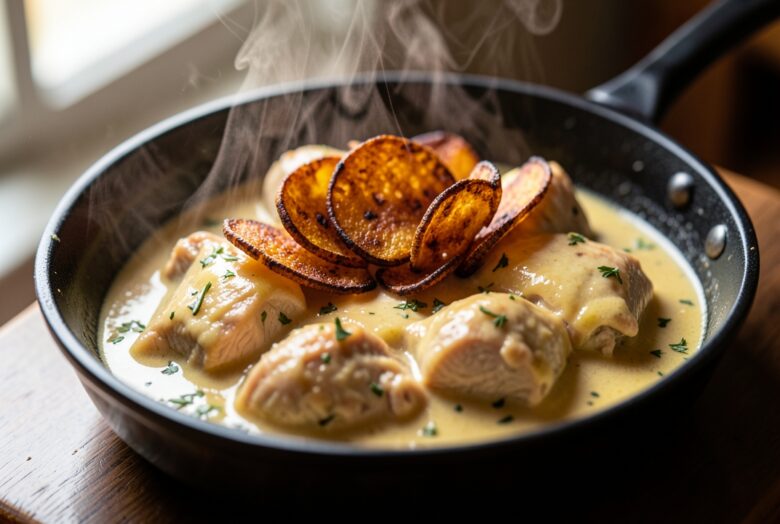 Frango Cremoso com Banana da Terra Assada