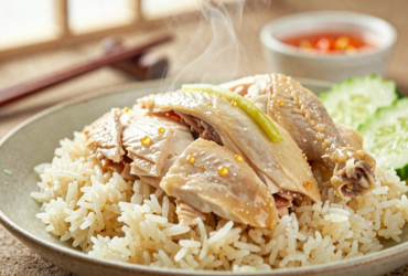 Hainanese Chicken Rice Clássico: Frango Suculento e Arroz Aromático