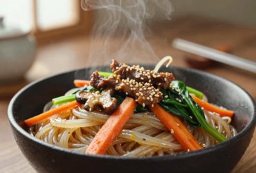 Japchae: Macarrão Coreano de Batata Doce com Legumes e Carne