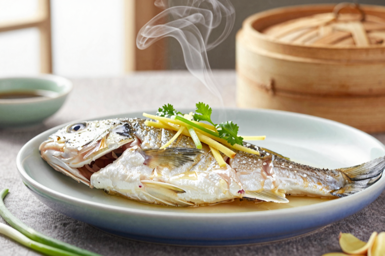 Peixe Cozido no Vapor Estilo Cantonês com Gengibre e Cebolinha