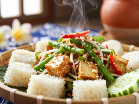 Tipat Cantok: Salada Balinesa de Bolo de Arroz com Molho de Amendoim Picante