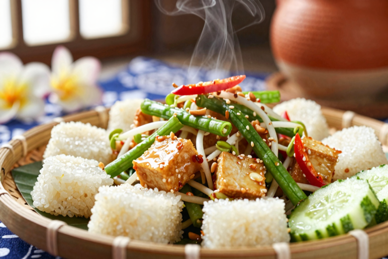 Tipat Cantok: Salada Balinesa de Bolo de Arroz com Molho de Amendoim Picante 1 Tipat Cantok: Salada Balinesa de Bolo de Arroz com Molho de Amendoim Picante