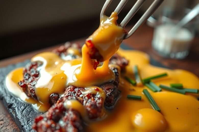 Tiras de Carne Suculenta com Cremoso Molho de Queijo 1 Tiras de Carne Suculenta com Cremoso Molho de Queijo