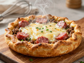 Torta Salgada de Liquidificador com Recheio Cremoso de Carne e Salsicha