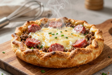 Torta Salgada de Liquidificador com Recheio Cremoso de Carne e Salsicha