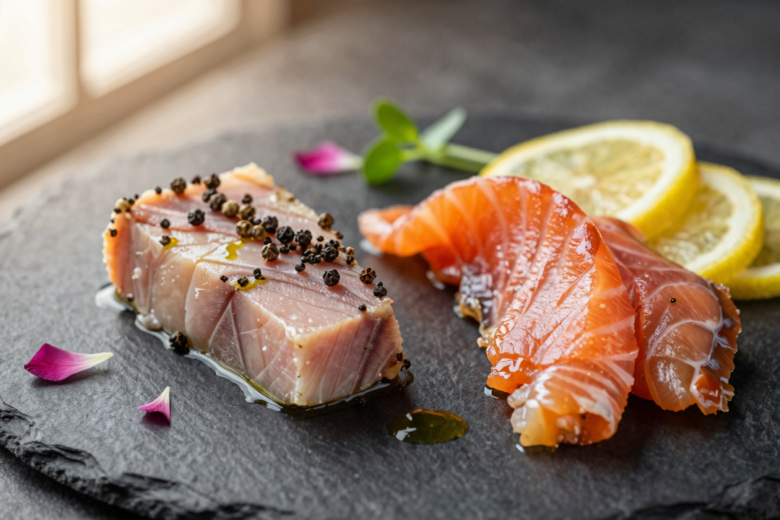Duo Delicado: Atum Curado com Especiarias e Salmão Defumado Premium