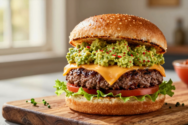 Hambúrguer Gourmet com Guacamole Cremoso e Toque Picante de Pimenta 1 Hambúrguer Gourmet com Guacamole Cremoso e Toque Picante de Pimenta